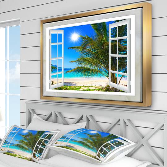 Designart - Window Open to Beach with Palm